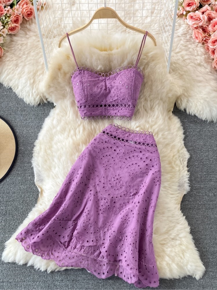 Summer Casual Beach Skirts 2 Pieces Set Women Elegant Hallow Out Sleeveless Tanks Tops A-Line Skirts Suit Female Holiday Outfits - Image 3