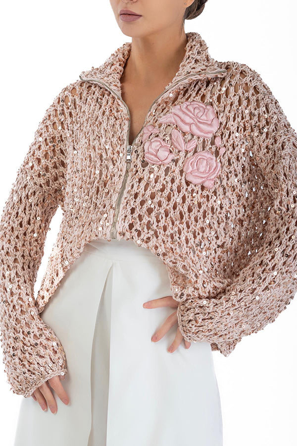 Festive Flicker Knit Sequin Rose Embroidery Pattern Hollow Out Zipper Cardigan - Image 5