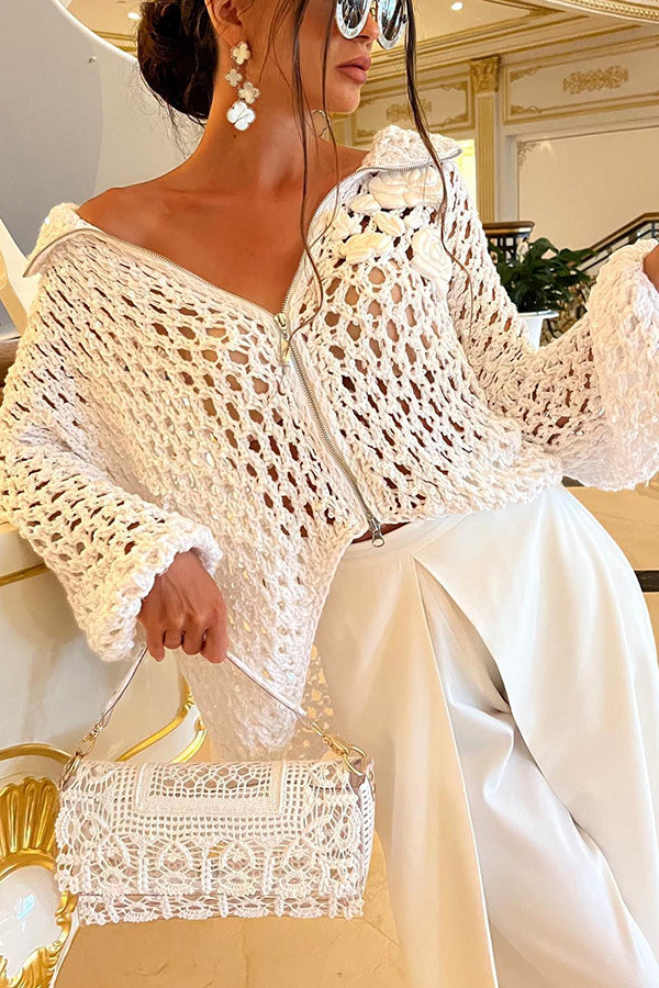 Festive Flicker Knit Sequin Rose Embroidery Pattern Hollow Out Zipper Cardigan - Image 2