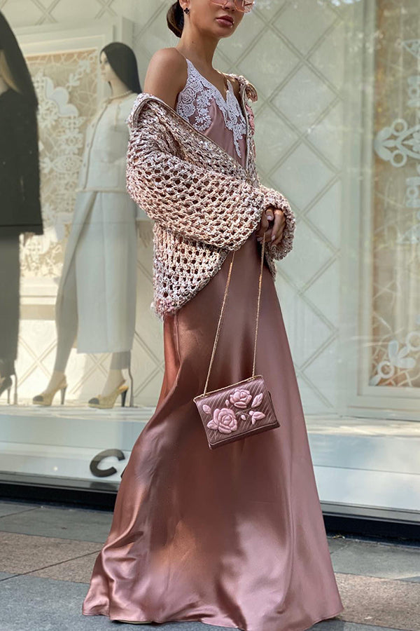 Festive Flicker Knit Sequin Rose Embroidery Pattern Hollow Out Zipper Cardigan - Image 9