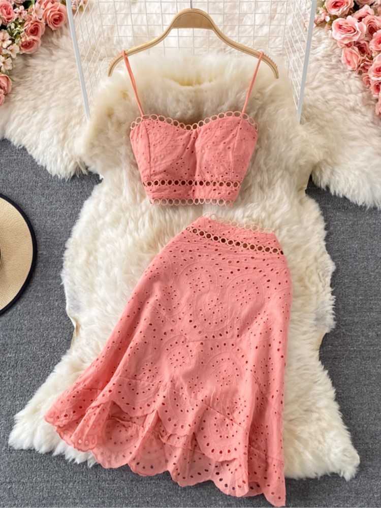 Summer Casual Beach Skirts 2 Pieces Set Women Elegant Hallow Out Sleeveless Tanks Tops A-Line Skirts Suit Female Holiday Outfits - Image 2