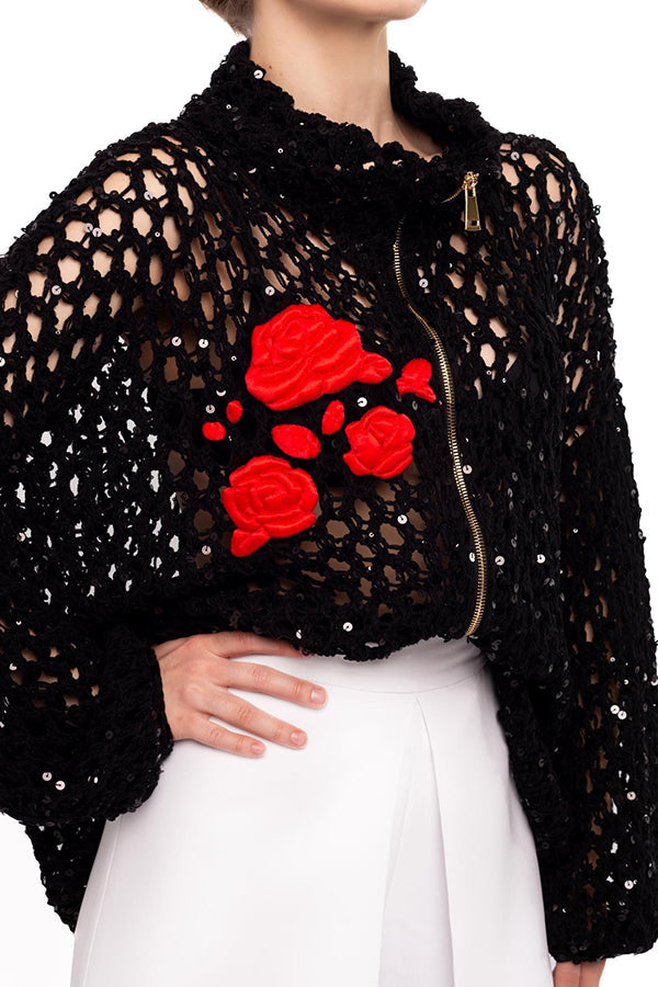 Festive Flicker Knit Sequin Rose Embroidery Pattern Hollow Out Zipper Cardigan - Image 3