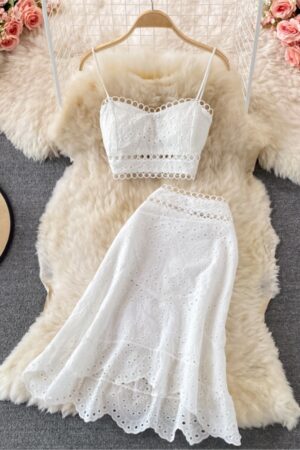 Summer Casual Beach Skirts 2 Pieces Set Women Elegant Hallow Out Sleeveless Tanks Tops A-Line Skirts Suit Female Holiday Outfits