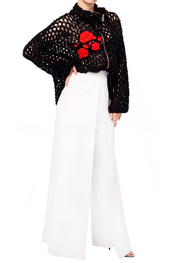 Festive Flicker Knit Sequin Rose Embroidery Pattern Hollow Out Zipper Cardigan - Image 13