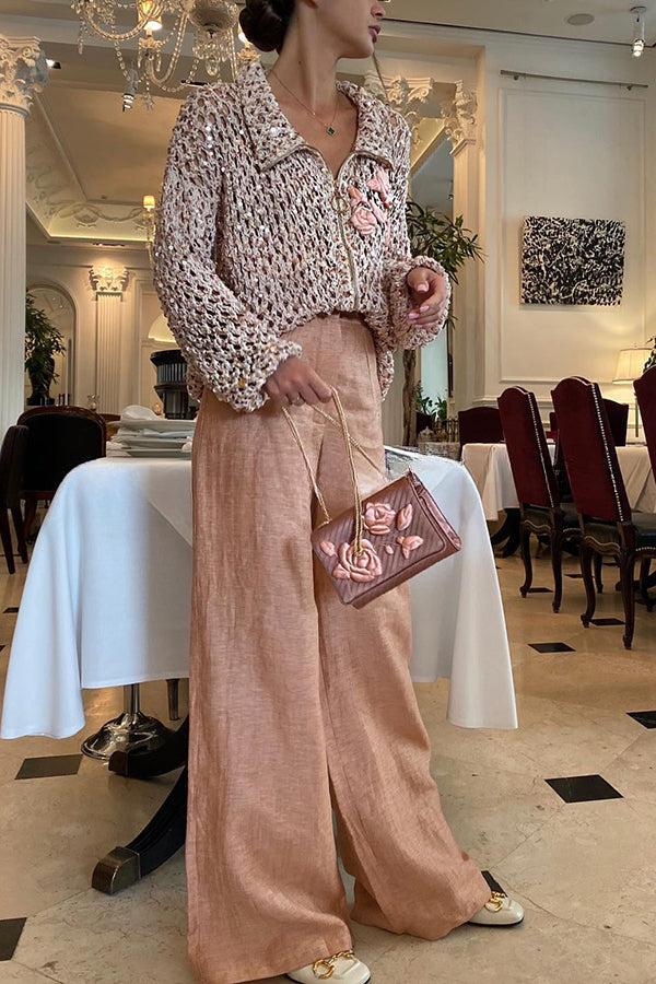 Festive Flicker Knit Sequin Rose Embroidery Pattern Hollow Out Zipper Cardigan - Image 7