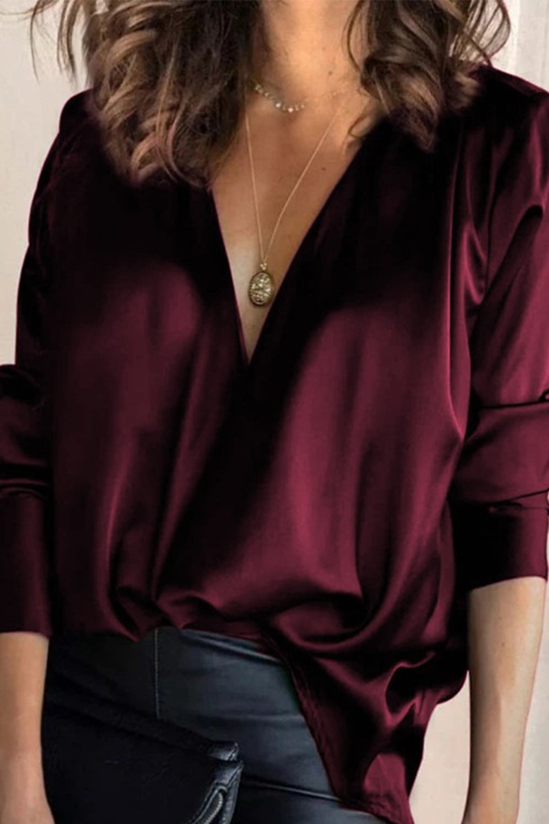 Casual Solid Split Joint V Neck Blouses (2 Colors) - Image 2