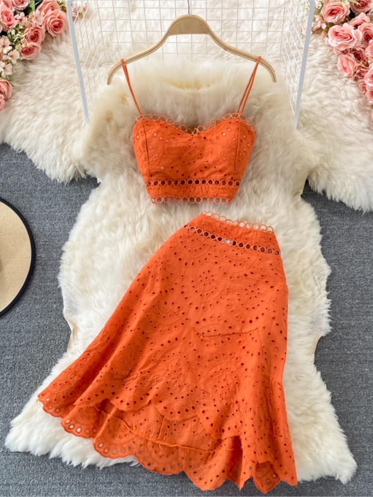 Summer Casual Beach Skirts 2 Pieces Set Women Elegant Hallow Out Sleeveless Tanks Tops A-Line Skirts Suit Female Holiday Outfits - Image 4