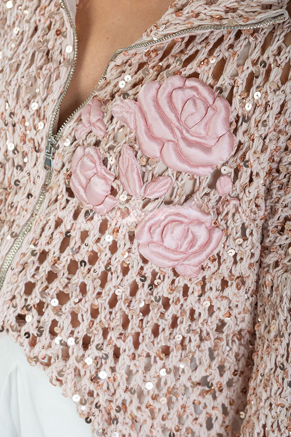 Festive Flicker Knit Sequin Rose Embroidery Pattern Hollow Out Zipper Cardigan - Image 14
