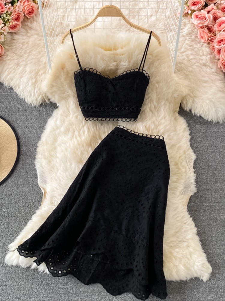 Summer Casual Beach Skirts 2 Pieces Set Women Elegant Hallow Out Sleeveless Tanks Tops A-Line Skirts Suit Female Holiday Outfits - Image 6