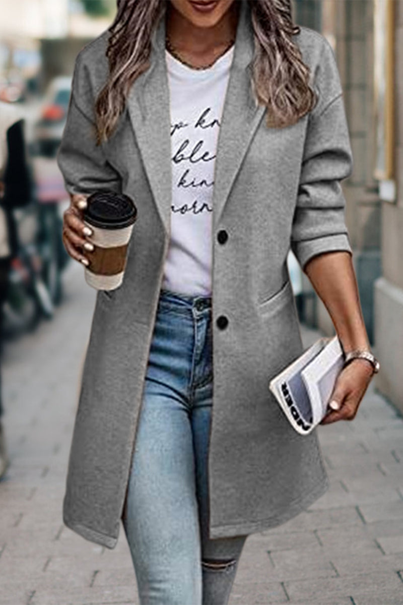 Street British Style Solid Pocket Buttons Turn-back Collar Outerwear - Image 2